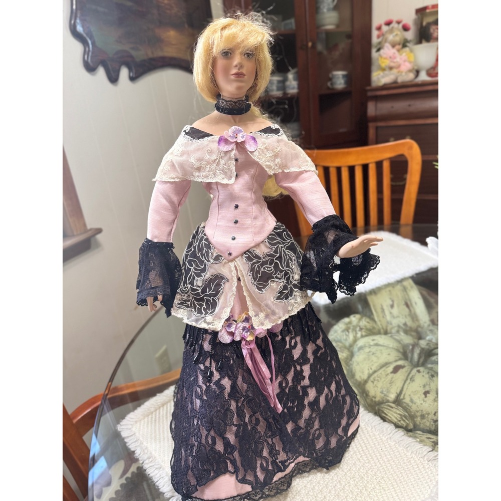 Katherine Liu AEL Porcelain Doll 23" Victorian Pink Black Lace Dress Blonde Hair - Picture 1 of 7